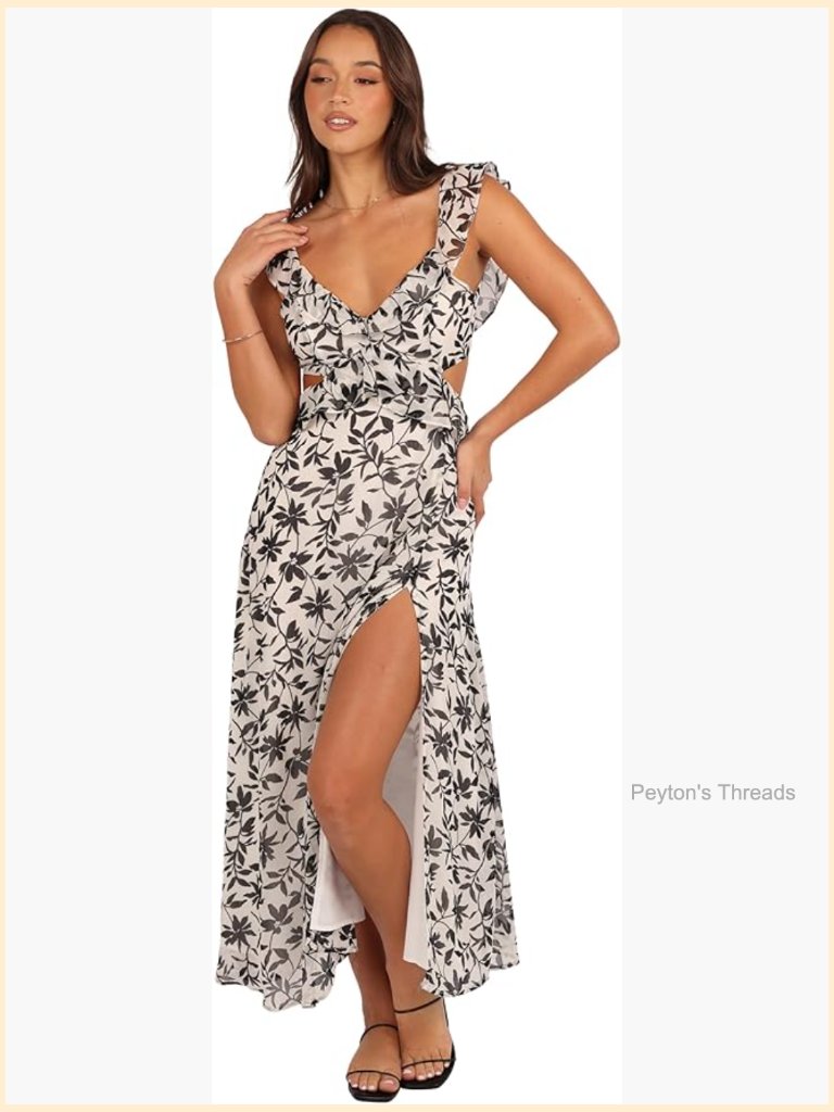 Ruffle V-Neck Maxi Dress With Open Back And Side Split